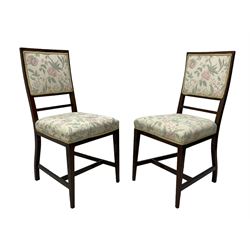 Pair of mahogany framed bedroom chairs upholstered in floral pattern fabric (W45cm); rectangular footstool on ball and claw feet (L94cm)