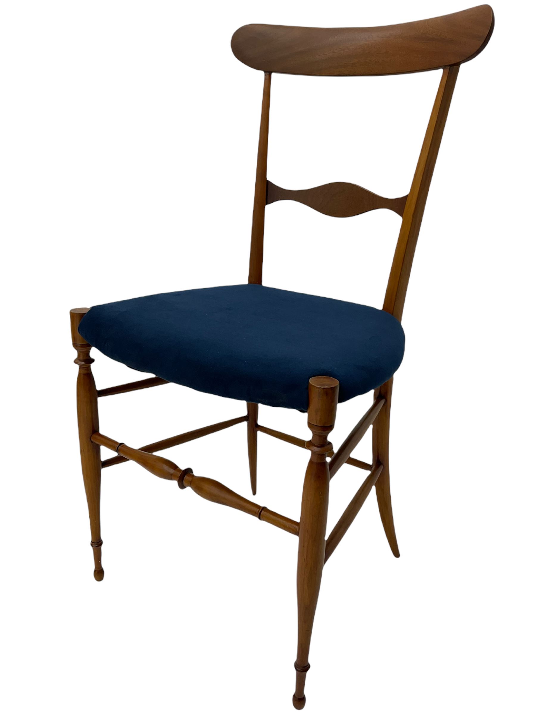 Campanino Chiavari by Fratelli Levaggi - circa. 1950s set eight walnut dining chairs, seats upholstered in blue fabric, 