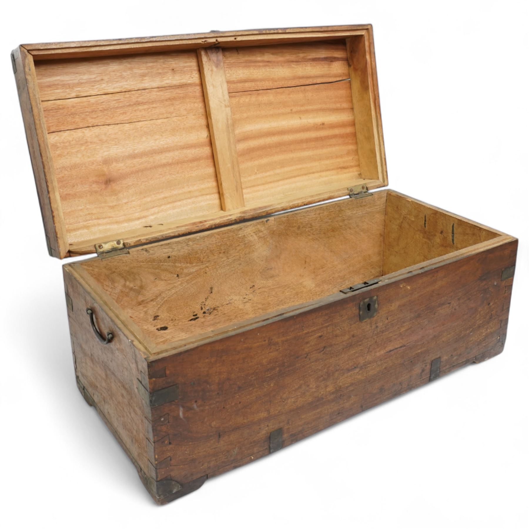 19th century Indian camphor wood box with metal corner pieces and escutcheon and twin handles W68cm