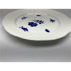 Three 19th century plates, comprising two circular examples and one oblong, each with osier moulded sides, the centres decorated in underglaze blue with Gillyflower type pattern, circular examples D25cm oblong example W27cm