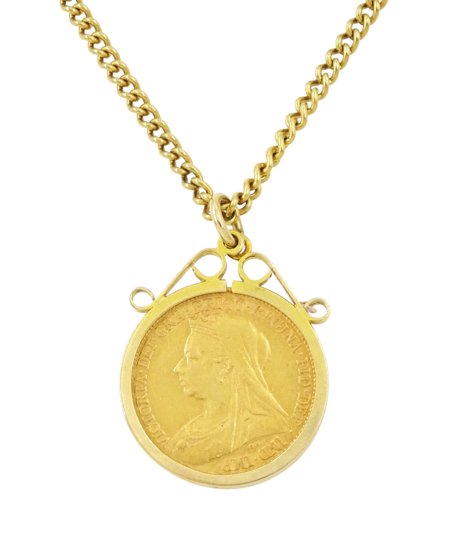 Queen Victoria 1901 gold half sovereign coin, loose mounted in 9ct gold pendant mount,hallmarked, on gilt chain
