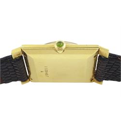 Jaeger LeCoultre gentleman's 18ct gold square cased manual wind wristwatch, champagne dial with yellow sapphire quarter markers, cabochon green sapphire crown, case No. 1109487, on black leather strap