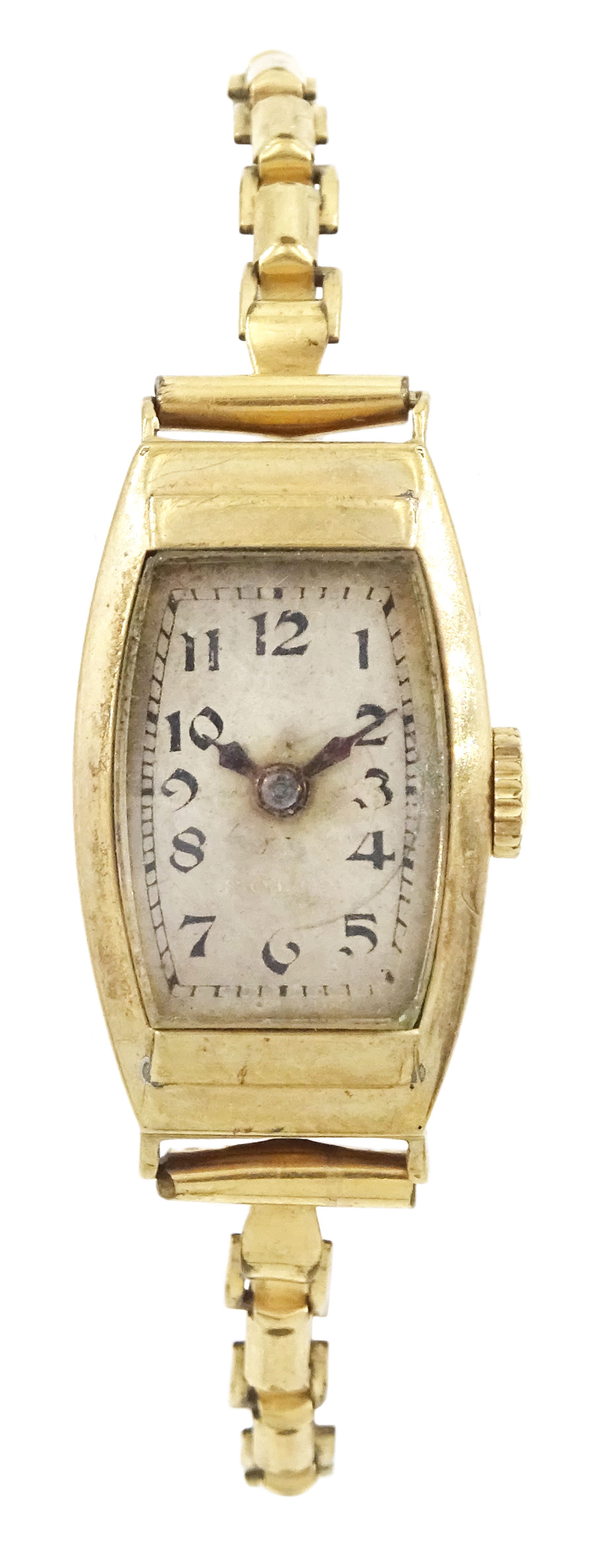 Rolex ladies 9ct gold manual wind wristwatch, Ref. 1331, silvered dial with Arabic numerals, Glasgow import mark 1930, on gilt strap