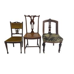 Late 19th mahogany nursing chair, cresting rail with carved cartouche, central splat pierced and carved with flowerhead and geometric design, upholstered seat, raised on turned and fluted tapering supports with brass and ceramic castors; George III Chippendale-style mahogany dining chair, shaped cresting rail with pierced and scrolled slat back; small Edwardian inlaid mahogany bedroom chair, pierced and inlaid urn design, upholstered seat and back (3)