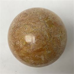 Large pink veined marble sphere, with yellow and grey undertones, D14cm