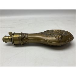 Copper and brass powder flask by G. & J.W. Hawksley Sheffield with embossed panel of 'Pharaohs Horses' to one side H21cm