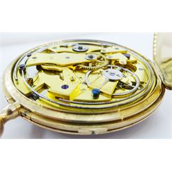 18ct gold open face key wound quarter repeating Swiss lever pocket watch by Garni en Pierre, No. 5090, the gold dust cover inscribed 'Echappement Libre a Ancre', plunge repeat in the pendant, silver engine turned dial with Roman numerals and subsidiary seconds dial