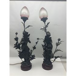 Pair of Art Nouveau style spelter figural table lamps, each mounted on rouge marble effect circular bases, with toleware flower heads and leafy decoration surrounding a female figure, H90cm