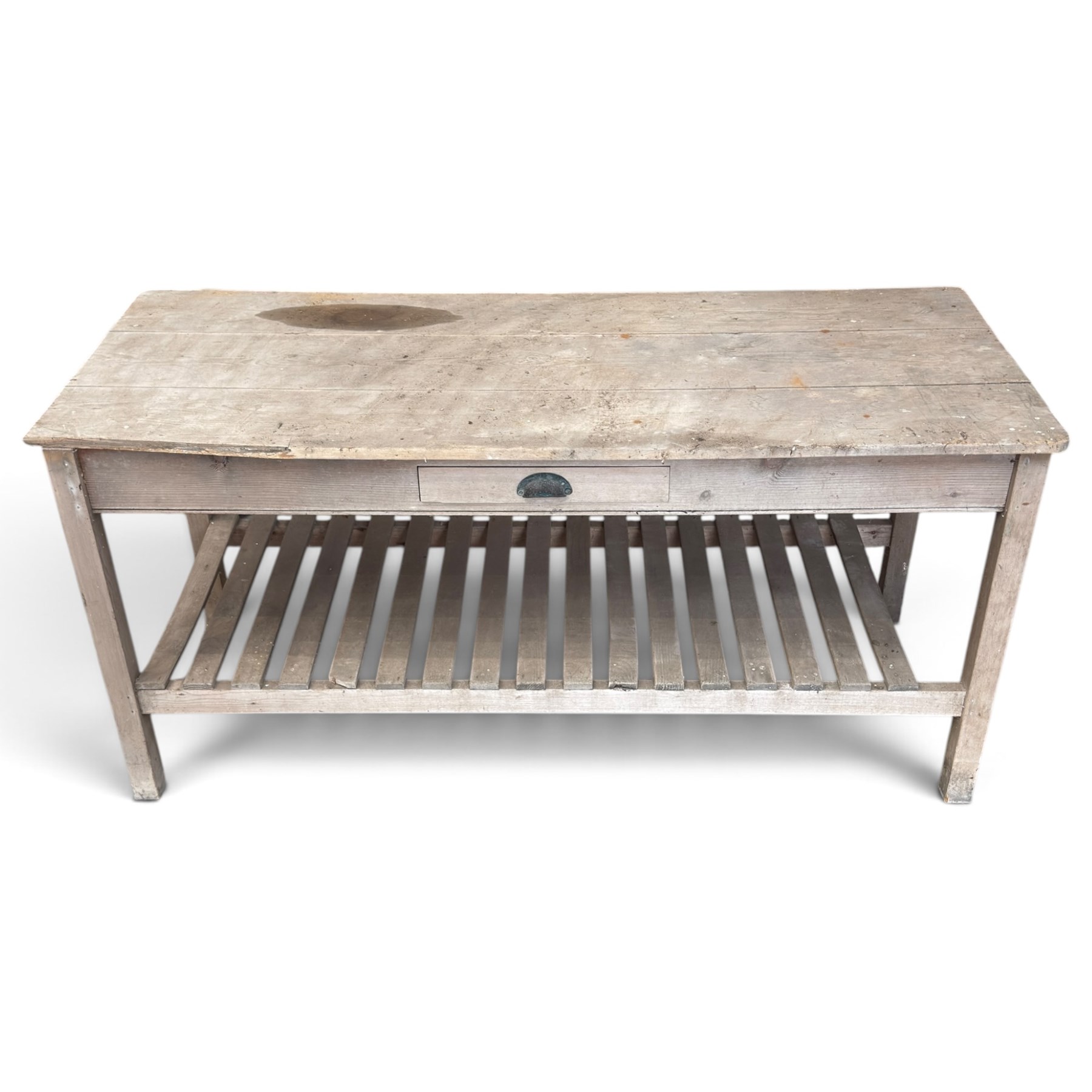 Large 19th century painted pitch pine scullery table, rectangular triple plank top fitted with single drawer, raised on square supports united by slatted under-tier