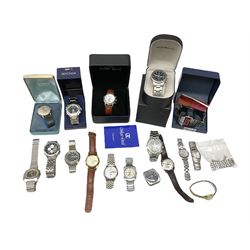 Collection of wristwatches including Accurist World Time chronograph quartz, Lorus chronograph 100m stainless steel quartz, Oskar Emil Torrini, two Citizen automatics, Seiko ladies Vivace, Titus, Limit and Tissot