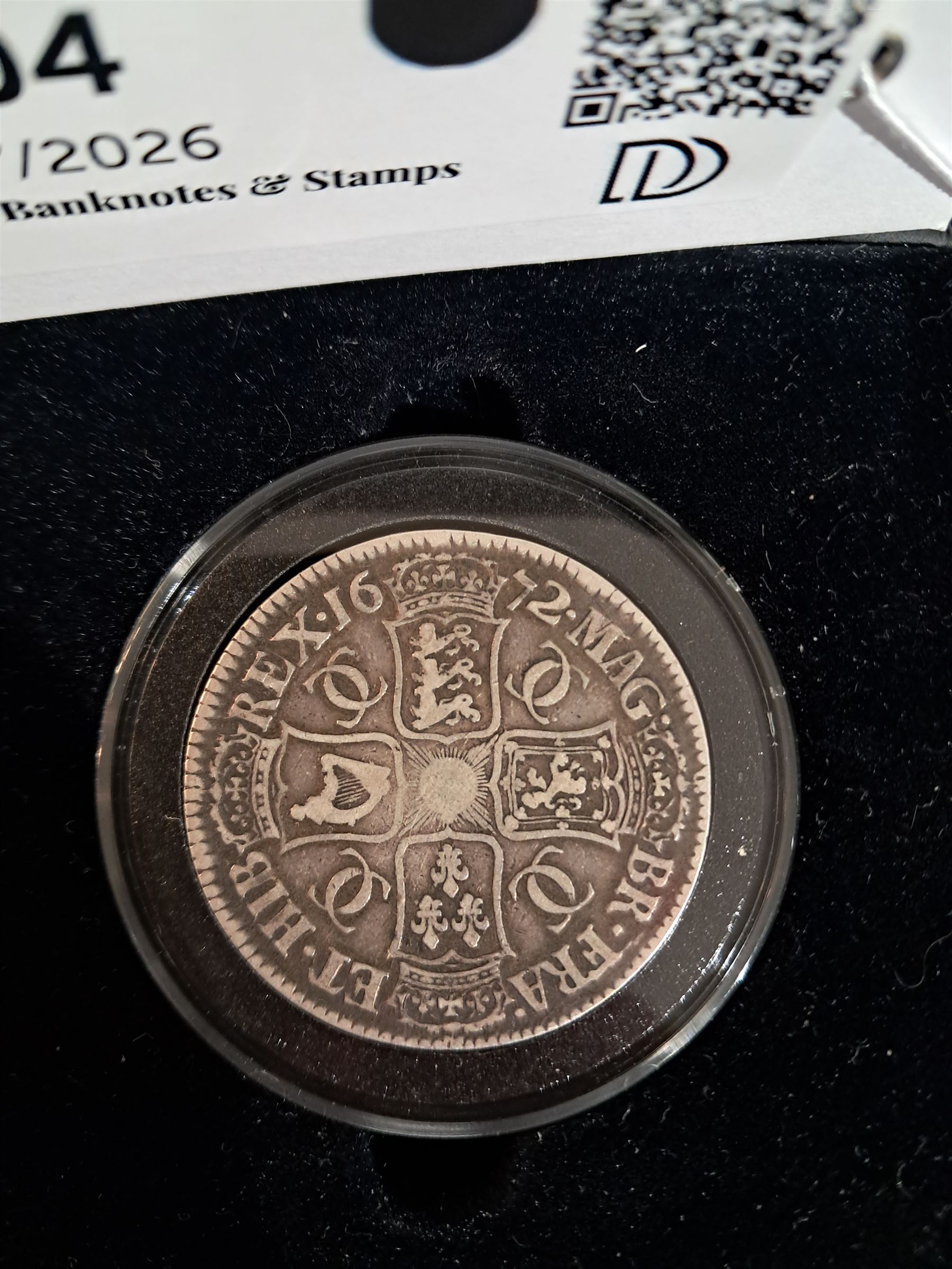 Charles II 1672 silver one crown coin, in Hattons of London case