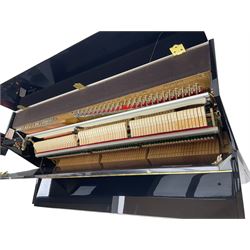 Steinmayer - contemporary upright piano in a black lacquered case, iron over strung frame with an underdamper action, internally operated hammer mute, sustain and Una-corda pedals, with a  6 octave 73 key compass, serial number '551051128'. L122cm