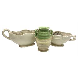 Two Arthur Wood twin handled vases to include one example in the Garden Wall pattern, together with a Beswick Ware merging green, yellow and cream vase, all with marks beneath, tallest H23cm