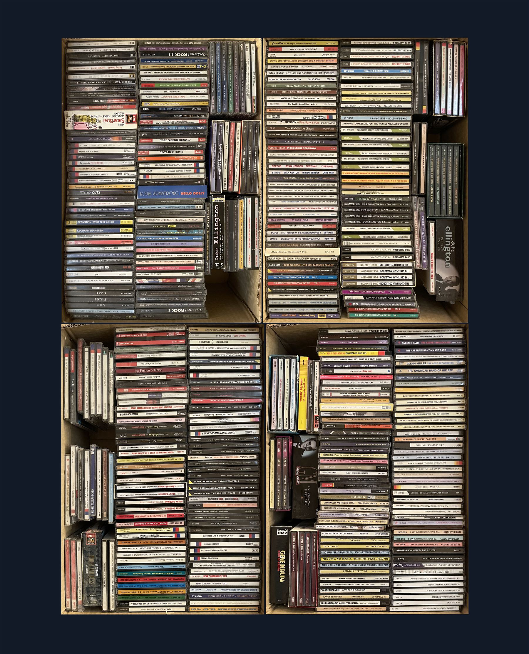A large collection of mostly Jazz CD's including Glenn Miller, Gene Krupa, Duke Ellington, Stan Kenton, Benny Goodman and other music in four boxes (400+)