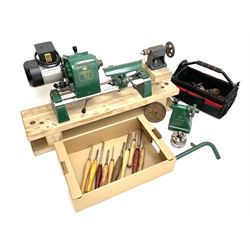 Coronet no.3 wood turning lathe, with various accessories to including - blocks, chucks, calipers and turning chisels (including Robert Sorby)