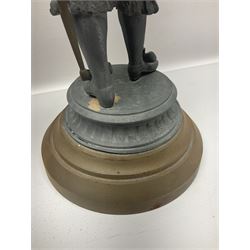 Pair of spelter figures modeled as Cavaliers, together with a spelter figure of Joan of Arc, largest H52cm