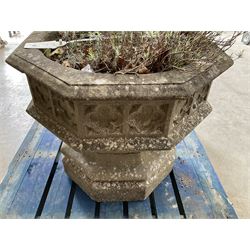 Large gothic design octagonal cast stone centre-piece urn olanter, quatrefoil decoration 