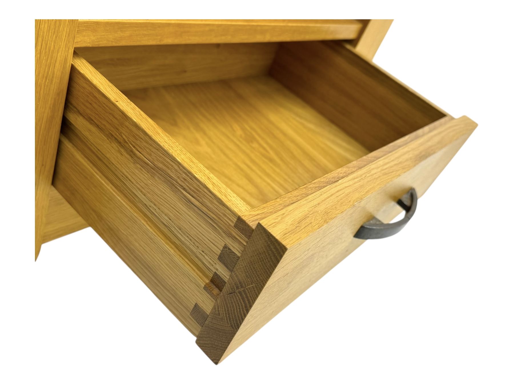 Contemporary light oak wine cabinet, rectangular overhanging top above an open shelf, fitted with four bottle racks each holding three bottles, single drawer with curved metal handle, on chamfered supports
