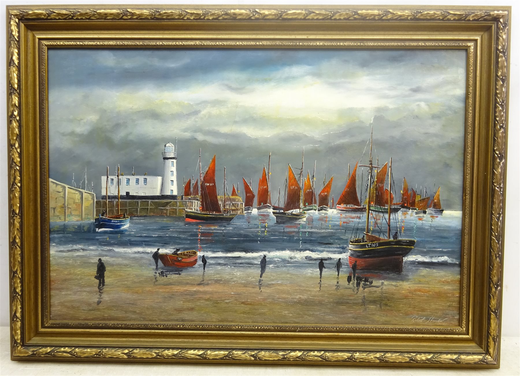 Robert Sheader (British 20th century): The Scarborough Herring Fleet under Moonlight, oil on board signed 50cm x 75cm