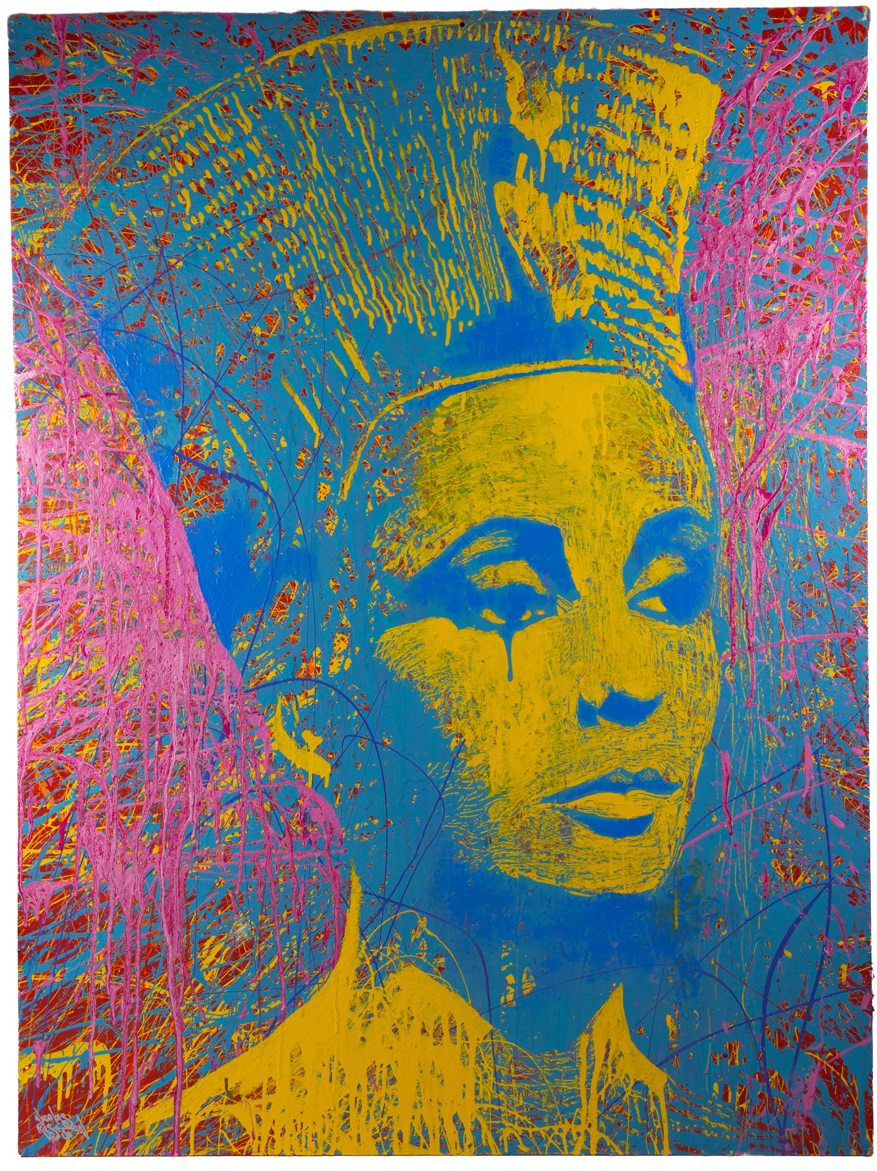 Nicolas Ruston (British 1975-): Portrait of a Regal Figure, masonry paint on wood panel signed and dated '00, 122cm x 92cm (unframed)