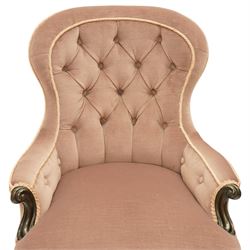 Pair of Victorian mahogany framed salon armchairs, spoon-back and sprung seat upholstered in buttoned lavender velour fabric with pink piping, shaped apron on cabriole legs with scroll feet and ceramic castors