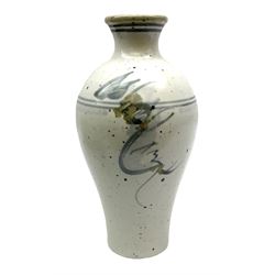 Studio pottery vase of baluster form with a light mottled blue ground with abstract painted decoration, H26cm