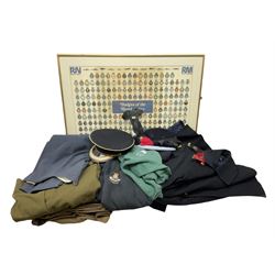 Clothing including tam o'shanter, glengarry with feather bearing Royal Regiment of Scotland badge, beret, jersey with 'The Green Howards B Company' stitching and another with 'Light Infantry' stitching, great coat and cap bearing Frontiersmen badges, trousers etc and a framed print displaying various badges of the Royal Navy