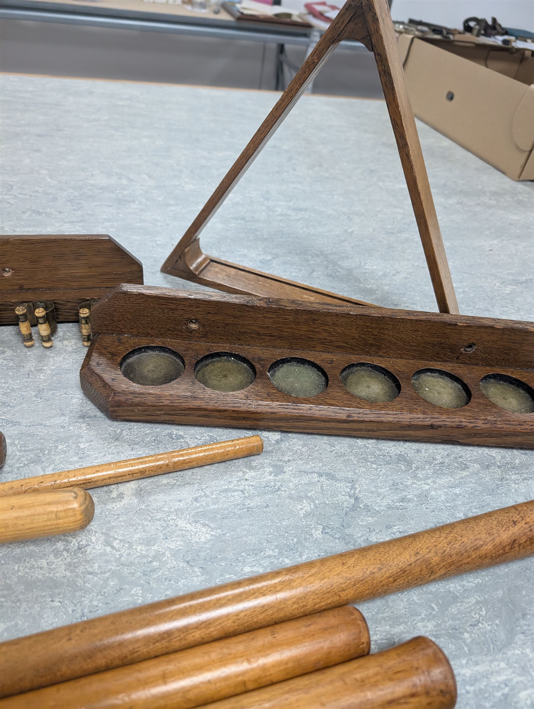 E J Riley billiard rules, together with Super Crystalate snooker balls, cue racks and a quantity of cues and extensions
