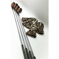 Golf - three early 20th century hickory shafted irons marked R. Simpson, Harrods Ltd etc; child's wooden shafted putter; two transitional wood grain steel shafted irons, one marked Tom Morris; and set of four Macgregor Tommy Armour woods (10)