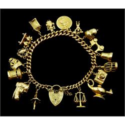 Gold curb link bracelet with heart locket clasp by Georg Jensen, London 1968, with seventeen gold charms including ballerina, heart bench, crab and bird cage, all 9ct, mostly hallmarked
