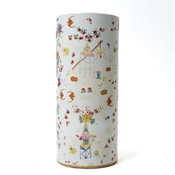 Chinese famille rose vase, of cylindrical form, decorated in enamel and gilt with precious objects, bats, flowers and fruit, six character iron red mark beneath, H28cm x D12cm 