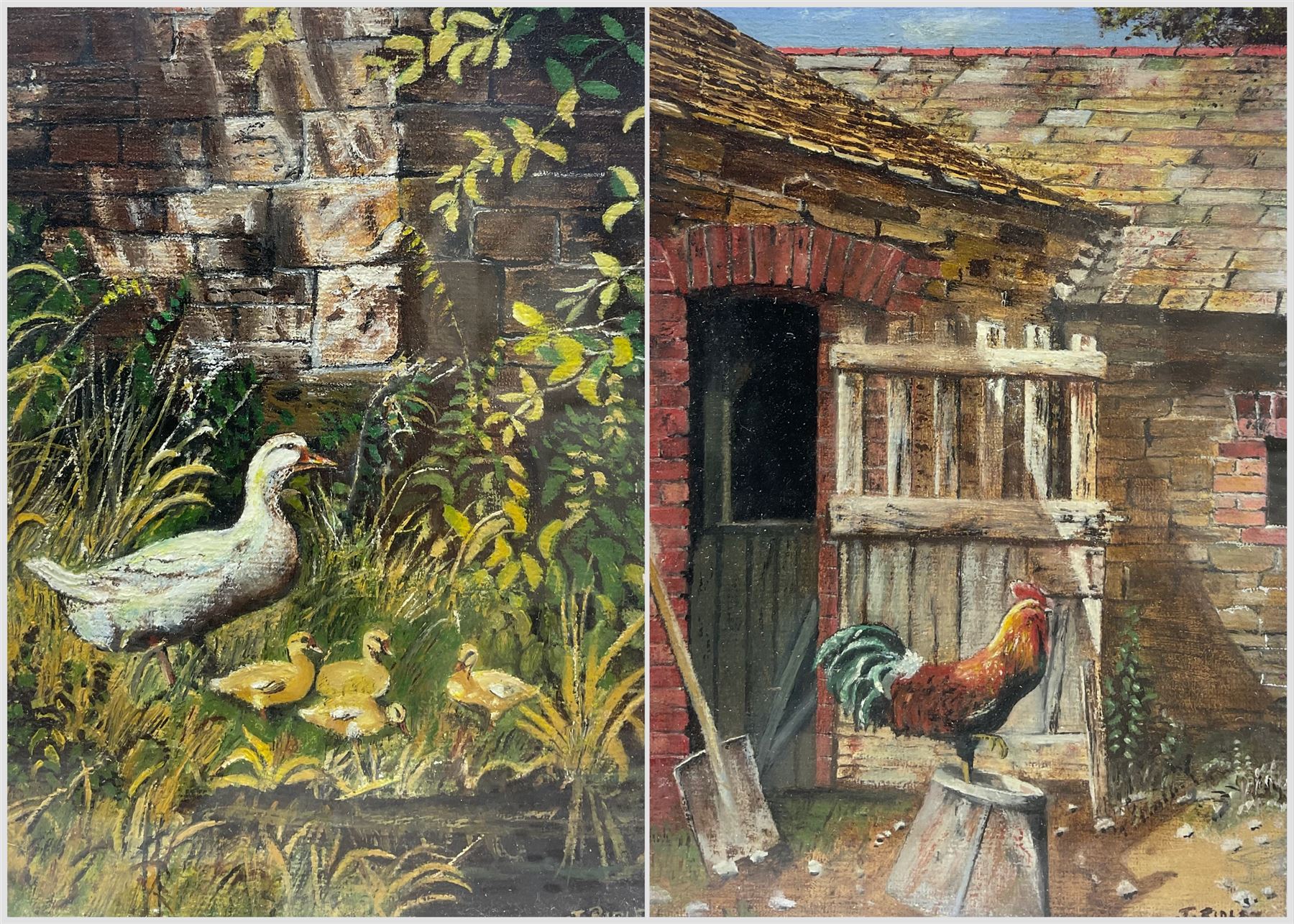 Jack Ridley (British 20th Century): Goose and Goslings and Cockrel in the Farmyard, two oils on board signed 17cm x 12cm (2)