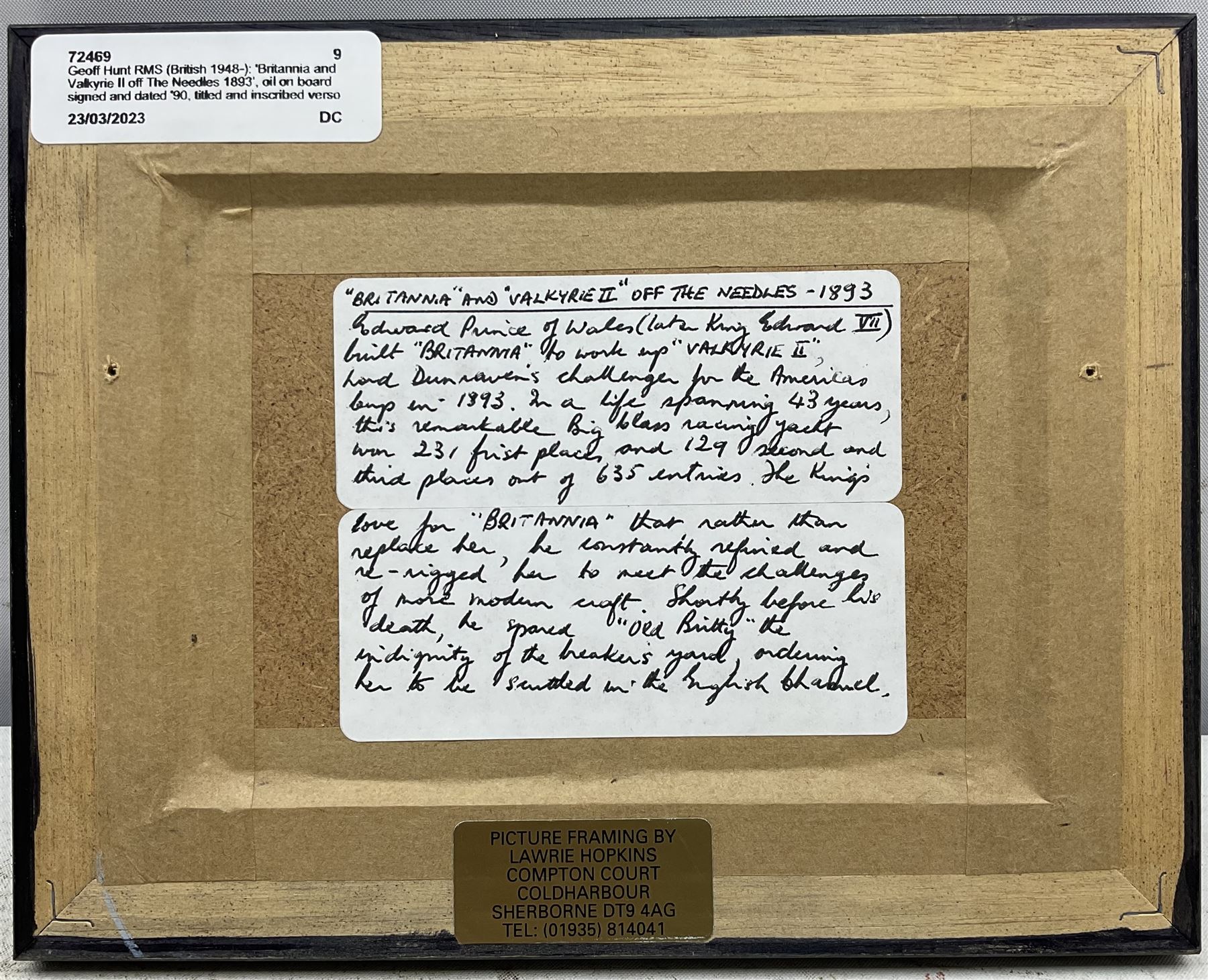 Geoff Hunt RMS (British 1948-): 'Britannia and Valkyrie II off The Needles 1893', oil on board signed and dated '90, titled and inscribed verso 8.5cm x 12.5cm