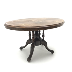 Victorian inlaid oval walnut loo table, five turned columns on four carved scrolling feet, W119cm, H70cm, D85cm