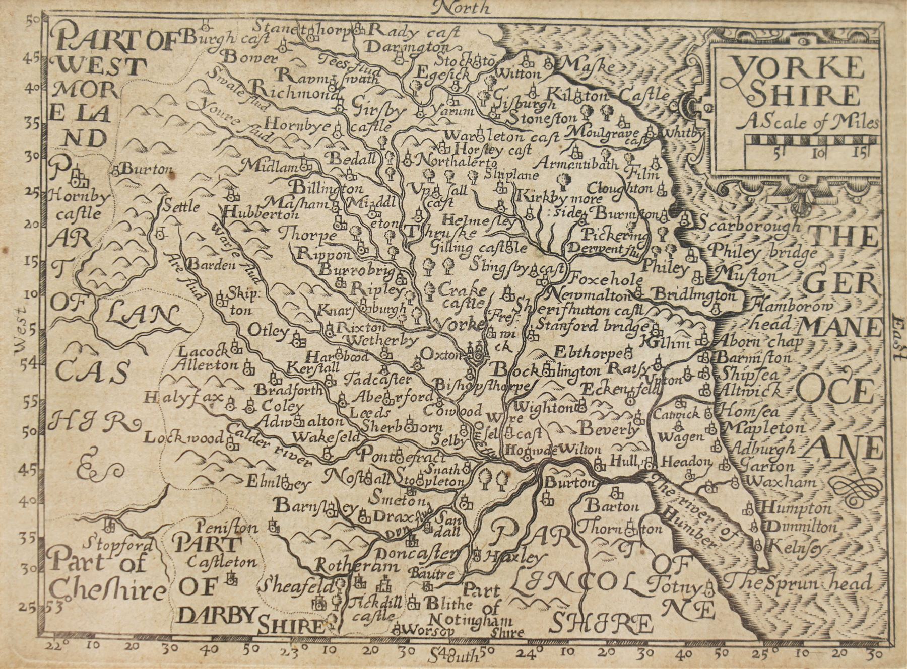 Pieter van den Keere (Flemish 1571-1646): 'Yorkshire', 'Speed Miniature' 17th century engraved map pub. 1627 10cm x 13cm