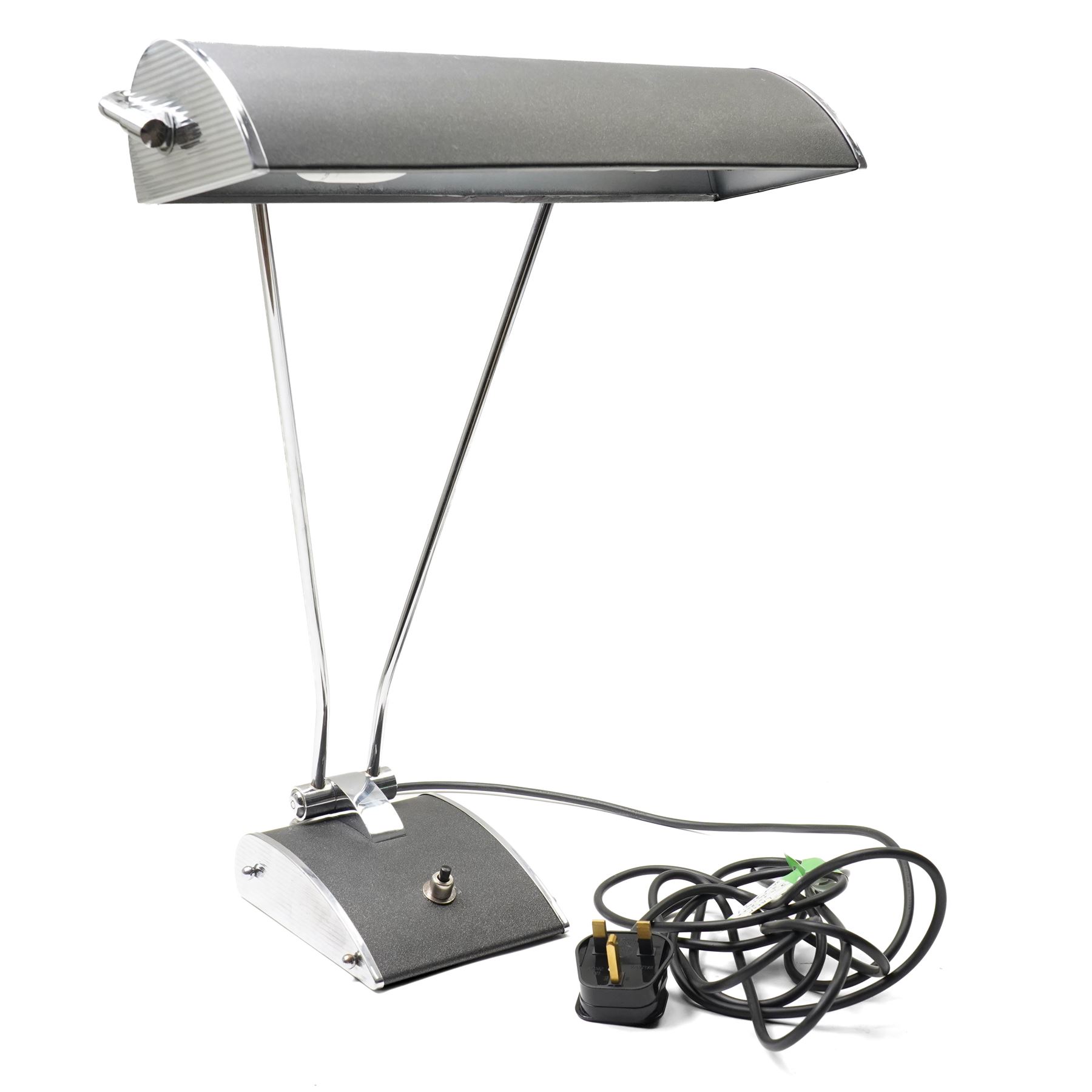 Eileen Gray (Irish, 1878–1976) for JUMO - black and chrome table lamp, curved rectangular shade with chrome end plates, supported on twin chrome rods over shaped black and chrome base with push switch, with 2025 PAT certificate, H45cm 