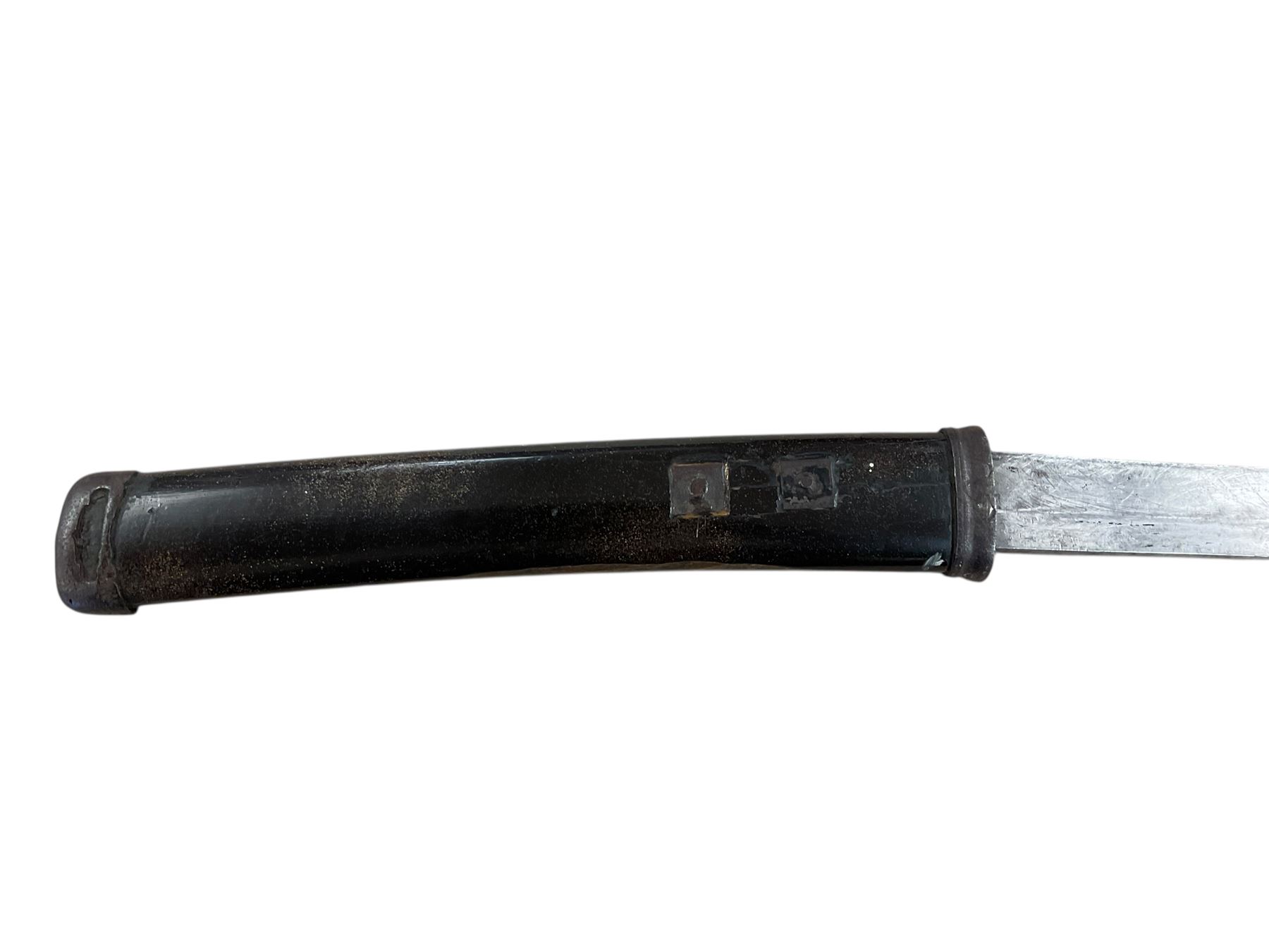 Replica Japanese katana with 63cm curved single edged blade in scabbard, overall L93cm, together with dagger with brass handle in a leather scabbard 