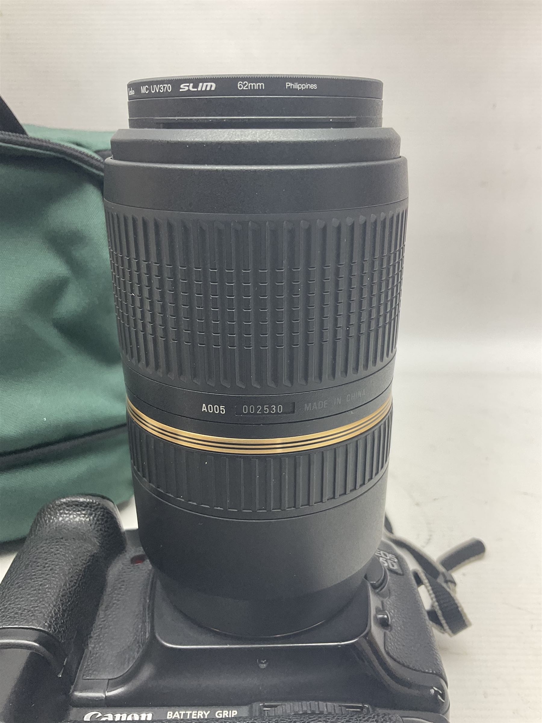 Canon EOS 5D camera body, with 'Tamron SP 70-300mm F/4-5.6 lens, and accessories, together with soft case