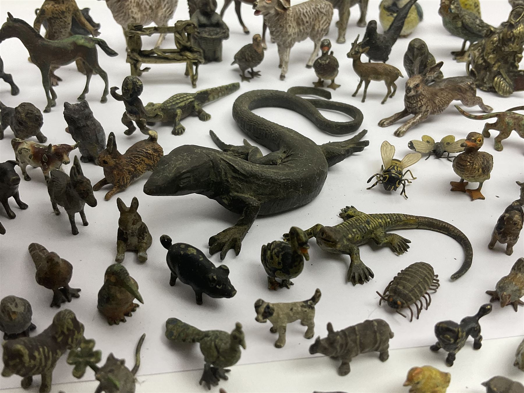 Collection of miniature cold painted bronze and similar animals, to include birds, sheep, horses etc 