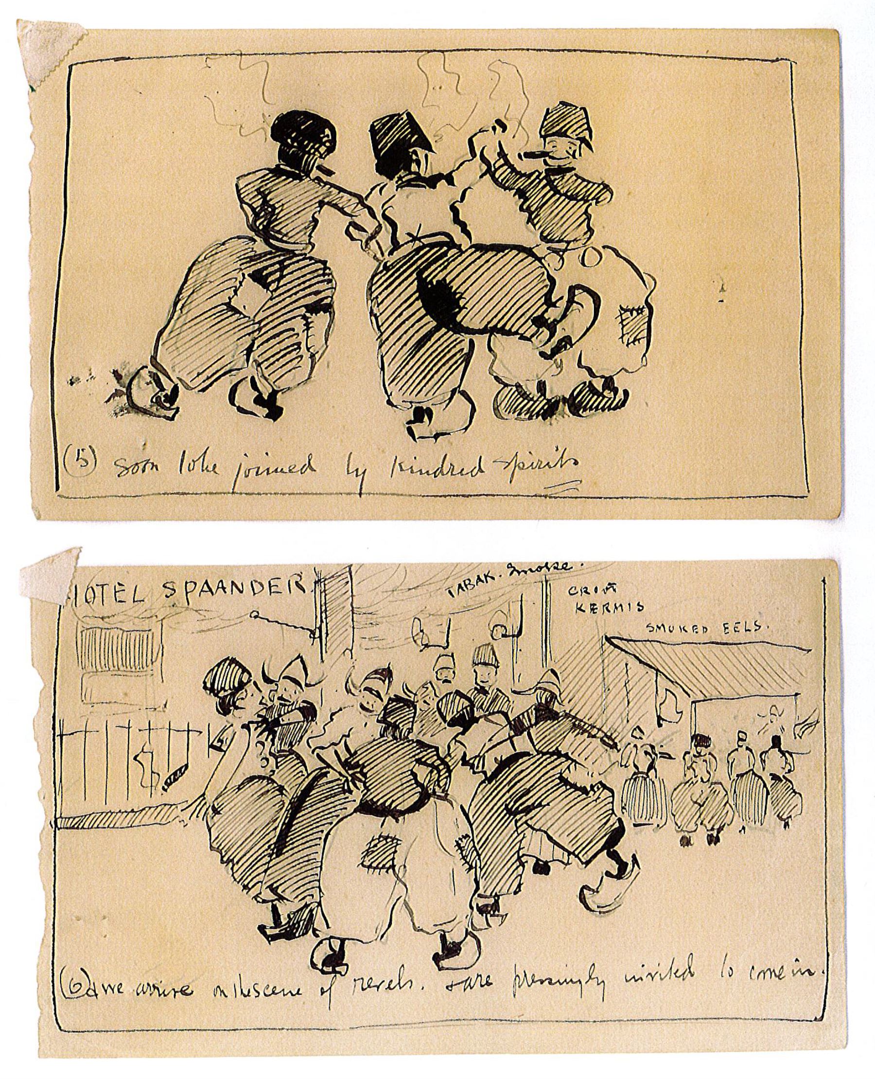 Frank Henry Mason (Staithes Group 1875-1965): Kermis Time at the Hotel Spaander Volendam - seven comical caricature sketches, pen and ink each titled and numbered 1 - 7 on five pieces of paper each 10cm x 17cm (unframed) Provenance: from the estate of Christine Dexter and by descent from the artist's sister Eleanor Marie (Nellie)