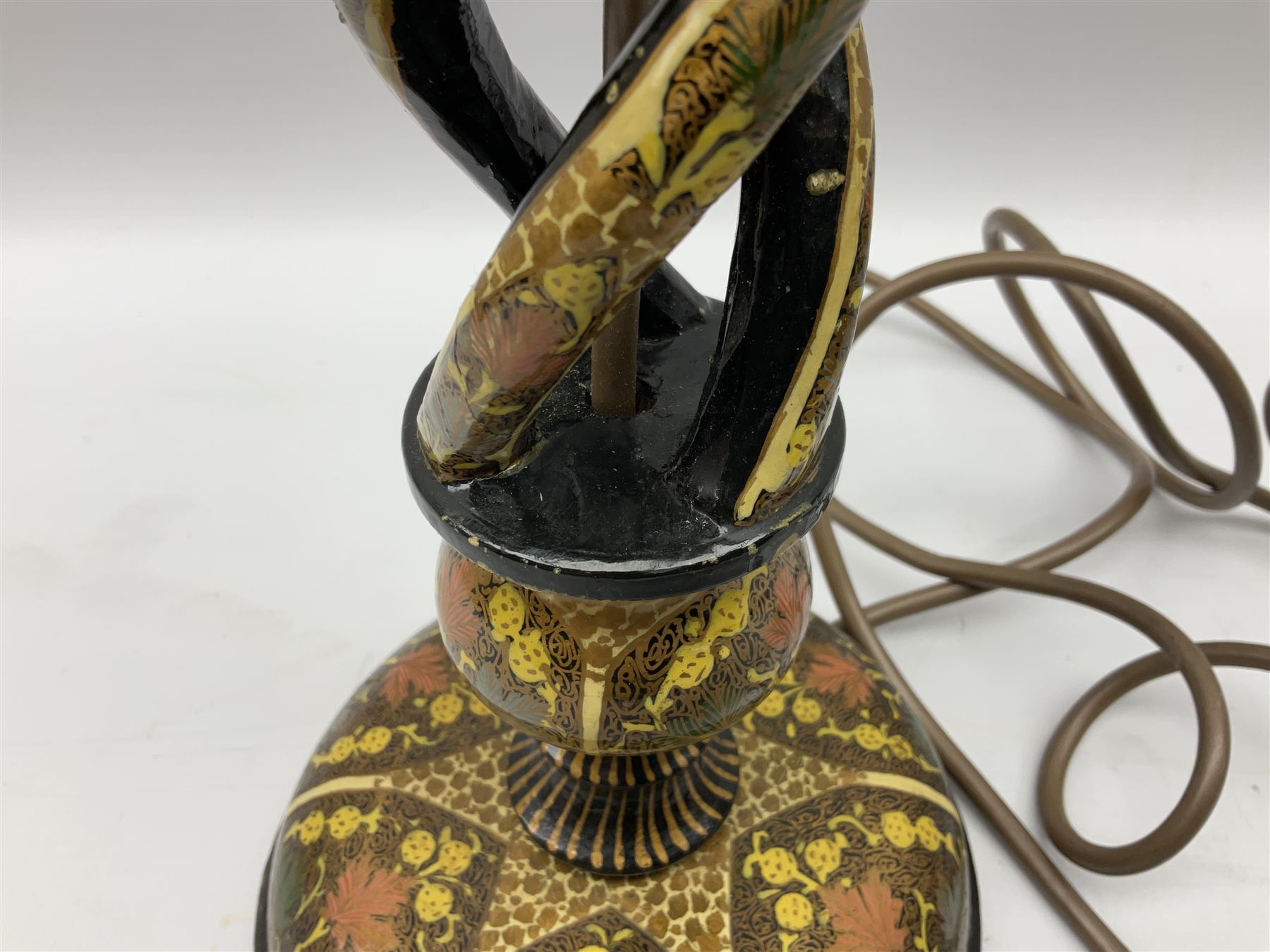  Kashmiri papier mache table lamp, open spiral twist column decorated with flowers, on a turned base,  H43cm
