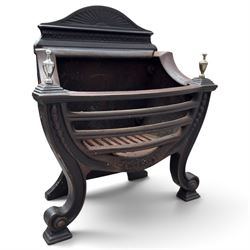 Three cast iron fireplace fittings, comprising a Regency-style fire grate with sunburst crest, urn finials, bowed basket and scroll supports (W58cm H63cm); Victorian fender with pierced acanthus frieze and foliate base (W64cm H20cm); Gothic Revival fireplace with fleur-de-lis crest, arched surround and integral fire basket (W41cm H87cm)