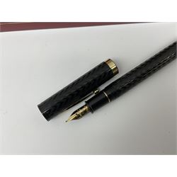 Six fountain pens with gold nibs to include Sheaffer, Macniven & Cameron Ltd and Conway examples, together with four other fountain pens including a boxed Parker pen and a boxed Sheaffer pen in black case with chevron pattern detail