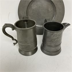 18th century pewter plate, with stamped London Superfine and crowned rose mark verso, together with two 19th century pewter side pouring tavern quart mugs, each indistinctly engraved (one 'R Harding Feathers')