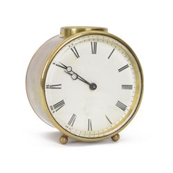French- 19th century brass desk clock, with an 8-day timepiece movement housed in a cylind...