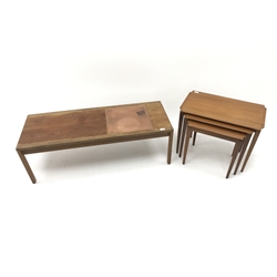  Mid century rectangular teak coffee table, copper inset top, square tapering supports (W122cm, H41cm, D46cm) and nest teak tables (W66cm, H50cm, D38cm)   