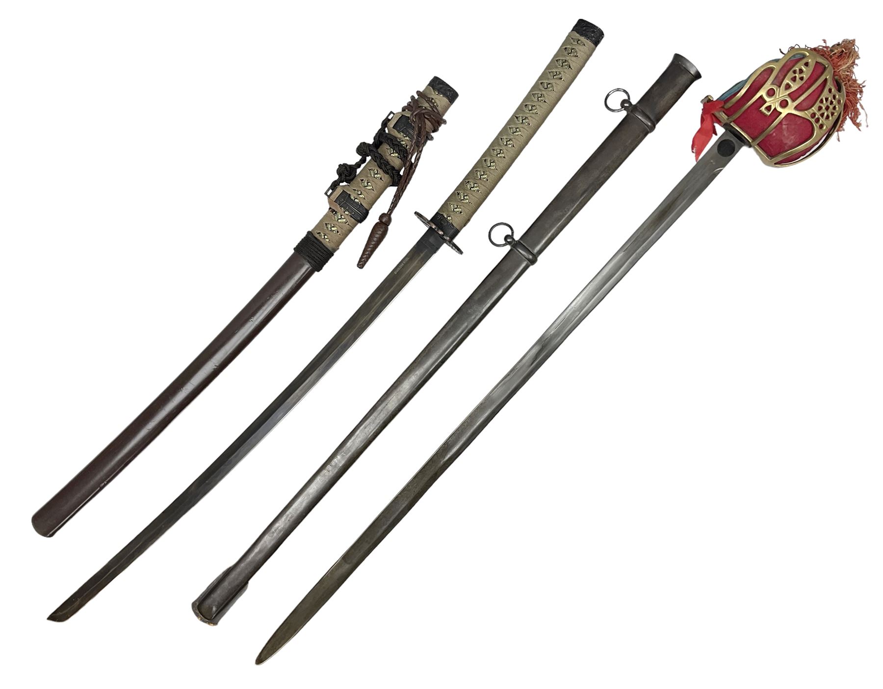 Reproduction Scottish officers basket hilt broad sword, the brass basket pierced with heart-shaped motifs lined with red lining, together with a reproduction Japanese Katana sword, longest L110cm