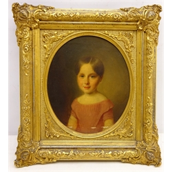  Portrait of a Girl, 19th/early 20th century oval oil on canvas unsigned 21.5cm x 18.5cm in ornate gilt frame  