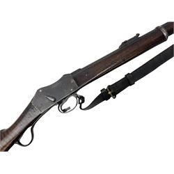 Braendlin Armoury Martini action .577/450 falling back rifle, the 85cm rifled barrel stamped Alex. Henry Edinburgh & London with two barrel bands including Yatagan bayonet side fitting and clearing rod under, with leather sling, serial no.13332, L126cm (NB. Firing pin broken). 