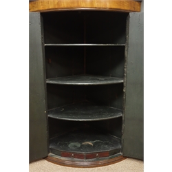  Georgian mahogany bow front corner cupboard, two bowed doors enclosing three shelves and two small drawers, W76cm, H110cm  